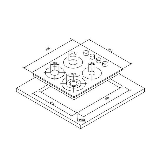 Golenda 3.3kW Gas Hob 4 Burner Cast Iron Pan Support | Pulse Ignition | LPG & NG