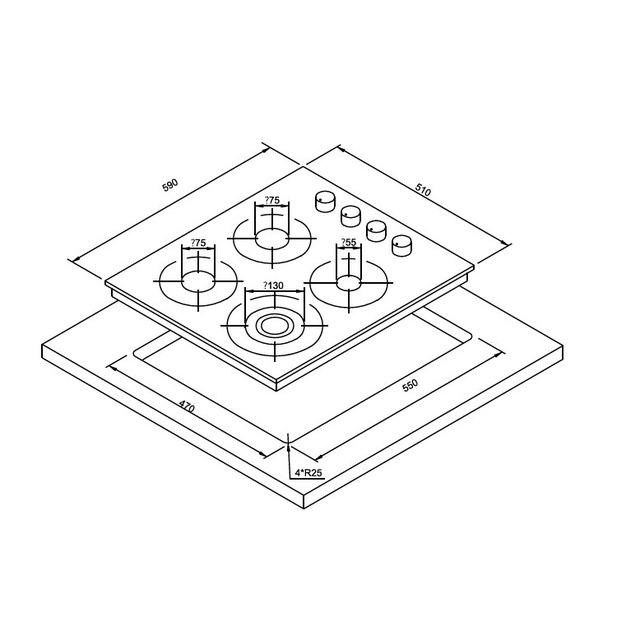 Golenda 3.0kW Gas Hob 4 Burner Tempered Glass | Sabaf Burner | LPG/NG
