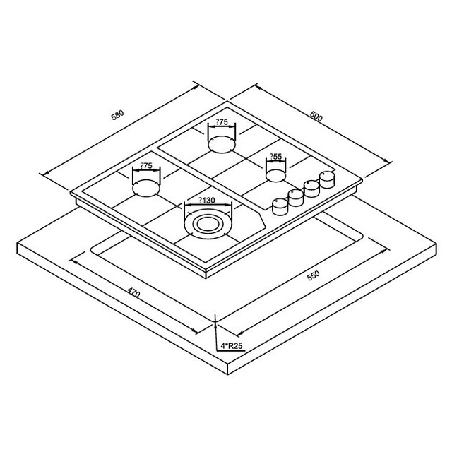 Golenda 3.3kW Gas Hob 4 Burner Cast Iron Pan Support | Pulse Ignition