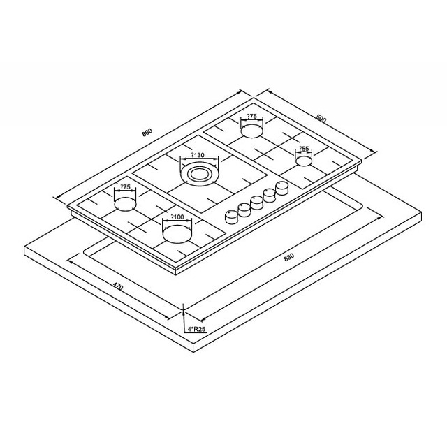 Golenda 5 Burner Gas Hob Cast Iron Pan Support | 8mm Tempered Glass | Metal Knob