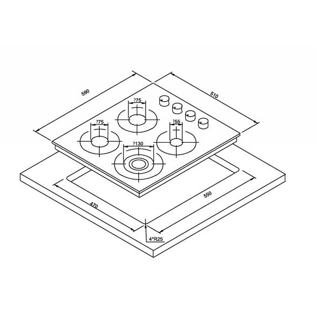 Golenda 3.3kW Gas Hob Cast Iron Pan Support Pulse Ignition | 4 Burner | LPG/NG