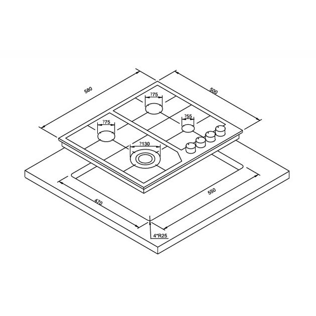 Golenda 4 Burner Gas Hob Cast Iron Support Pulse Ignition | Metal Knob