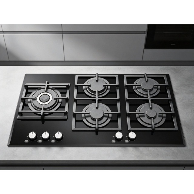 Golenda 5 Burner Gas Hob Cast Iron Pan Support | 8mm Tempered Glass | LPG & NG