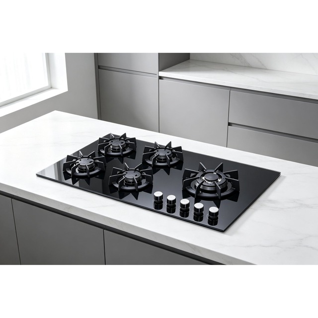 Golenda 5 Burner Gas Hob 860mm Tempered Glass Cast Iron | LPG NG | Metal Knob
