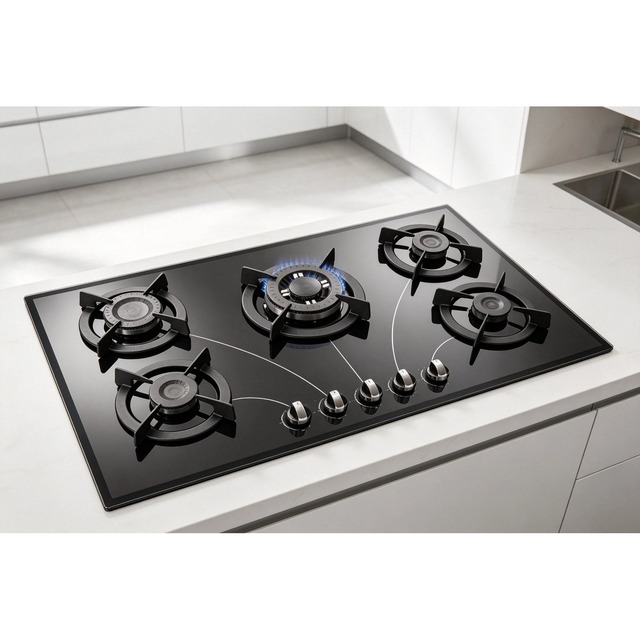 Golenda 5 Burner Gas Hob 8mm Tempered Glass Cast Iron | LPG NG | Metal Knob