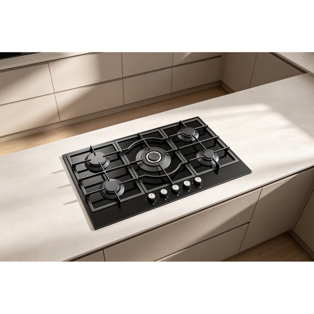 Golenda 3.3kW Gas Hob 5 Burner Tempered Glass Cast Iron | LPG NG | Metal Knob