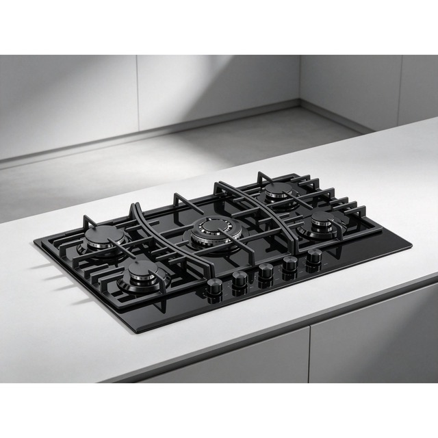 Golenda 5 Burner Gas Hob 8mm Tempered Glass Cast Iron | LPG NG | Pulse Ignition