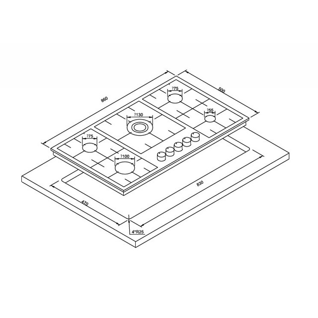 Golenda 3.3kW Gas Hob 5 Burner Tempered Glass | Sabaf Burner