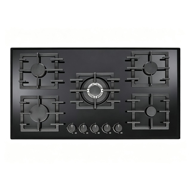 Golenda 5 Burner Gas Hob Cast Iron Pan Support | 8mm Tempered Glass | LPG & NG