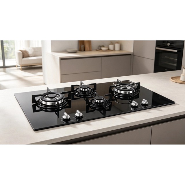 Golenda 8.1kW Gas Hob 4 Burner Tempered Glass Cast Iron | LPG NG | Metal Knob