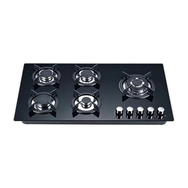 Golenda 5 Burner Gas Hob Cast Iron Pan Support | 8mm Tempered Glass | Metal Knob